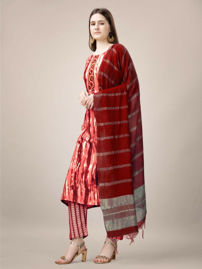Jyoti Fashion Women's Orange Rayon Print with Embroidery & Fancy Lace Work Kurta with Trouser & Dupatta | Swadesiicart