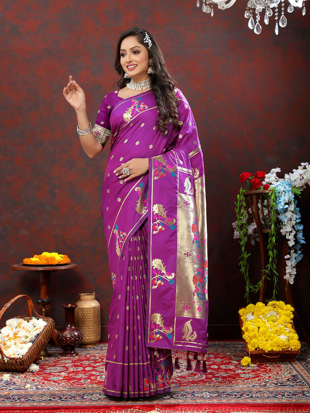 Lorenvalley Fashion Wine Soft Paithani Silk Woven Design Gold Zari Meenakari Weaving Saree - Swadesiicart