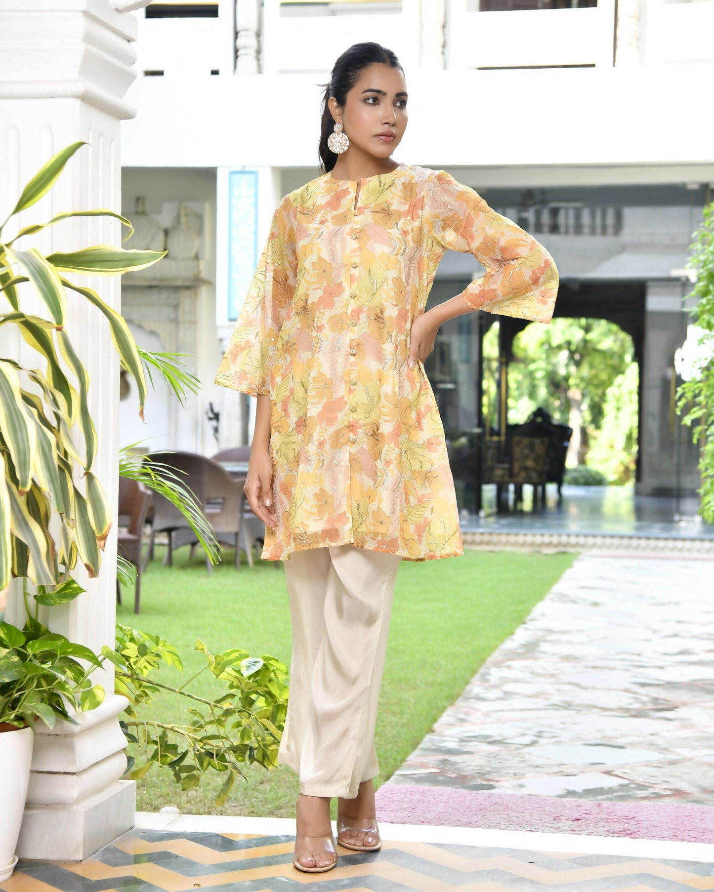 Vaasva Women's Lemon Yellow Organza Digital Printed Cord Set - Swadesiicart