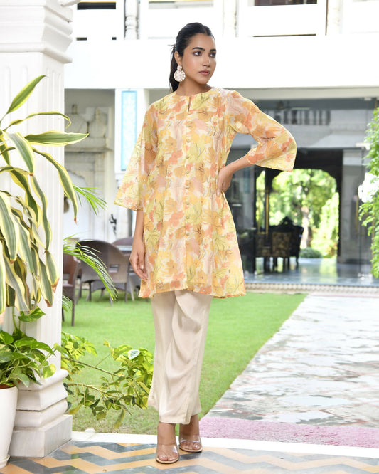 Vaasva Women's Lemon Yellow Organza Digital Printed Cord Set - Swadesiicart