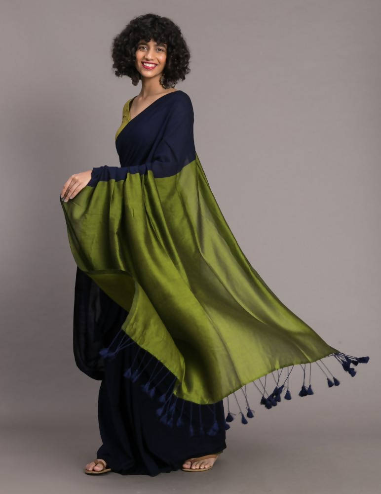Suta Blue Green Colourblocked Cotton Blend Saree | Swadesiicart