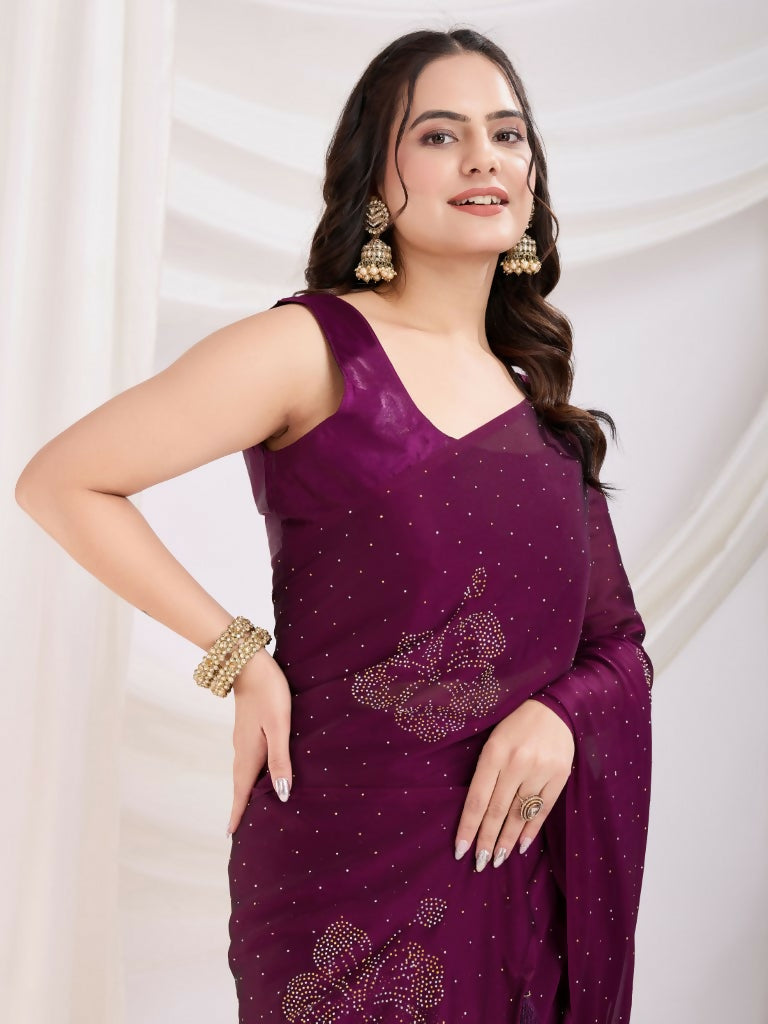 Purple Rangoli Silk Diamond Work Ready To Wear Saree - Tamana | Swadesiicart