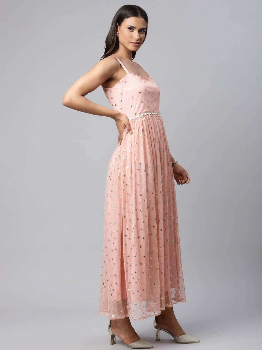 Ahalyaa Women Pink Net Gold Foil Print Dress | Swadesiicart