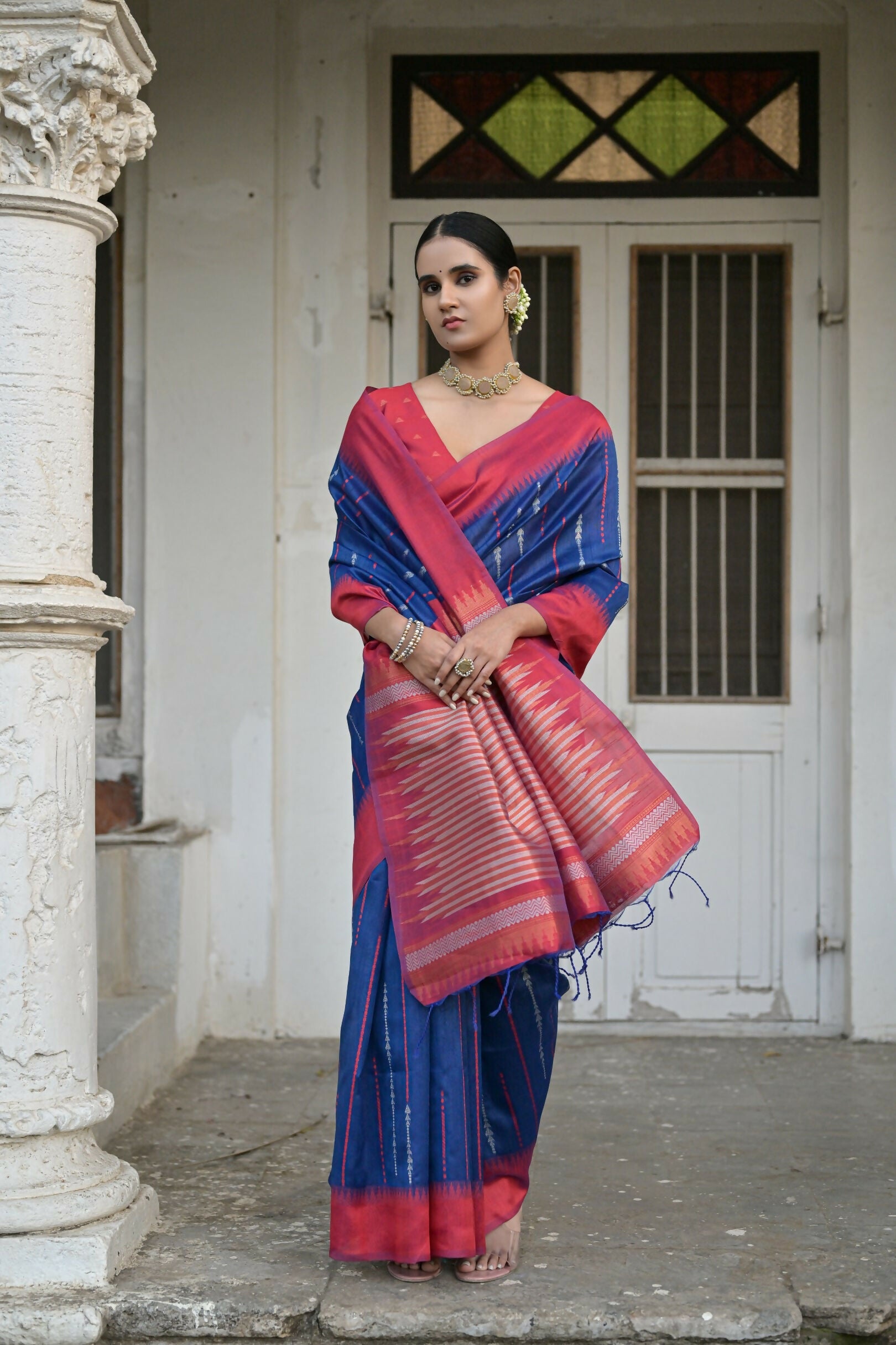 Vishnu Weaves Women's Blue Raw Silk Saree with Blouse - Swadesiicart