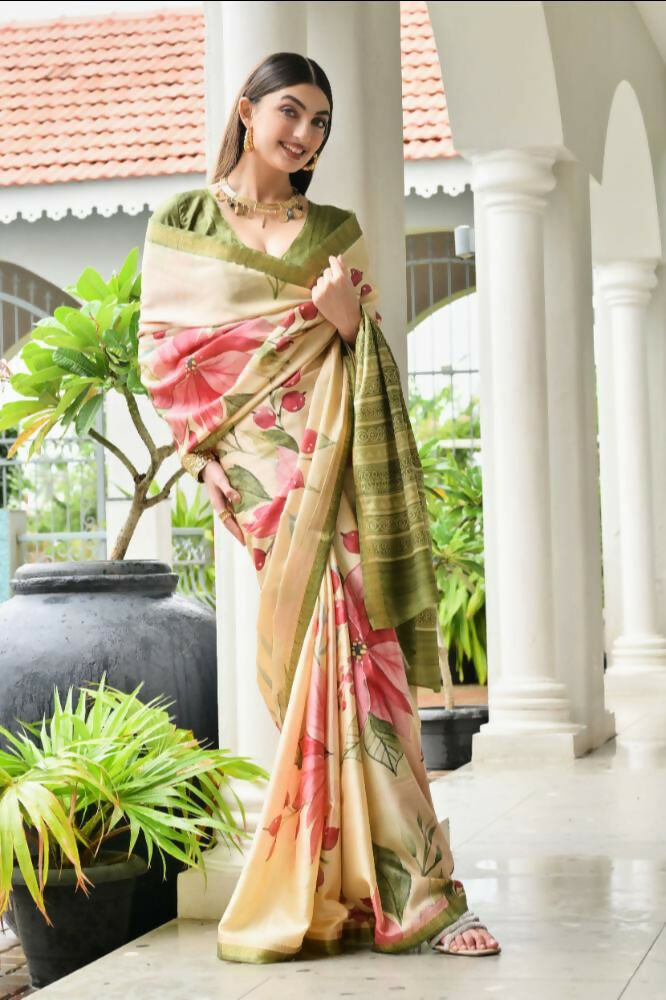 Vishnu Weaves Women's Mahendi Satin Silk Printed Saree with Blouse - Swadesiicart