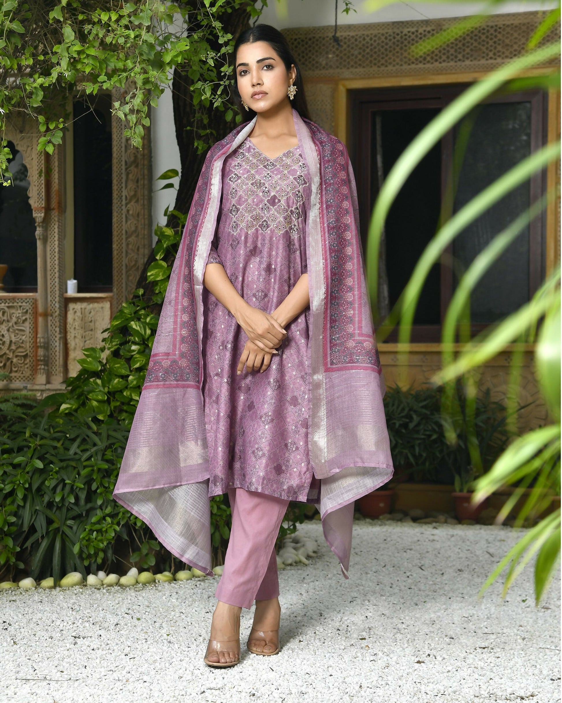 Vaasva Women's Chanderi Printed Suit Set With Pant And Printed Dupatta | Swadesiicart