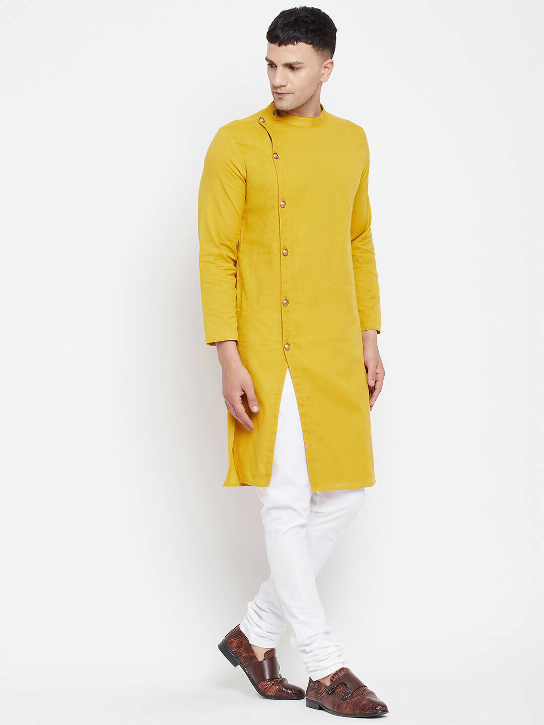 Even Apparels Yellow Pure Cotton Men's Sherwani Kurta With Asymetrical Cut | Swadesiicart