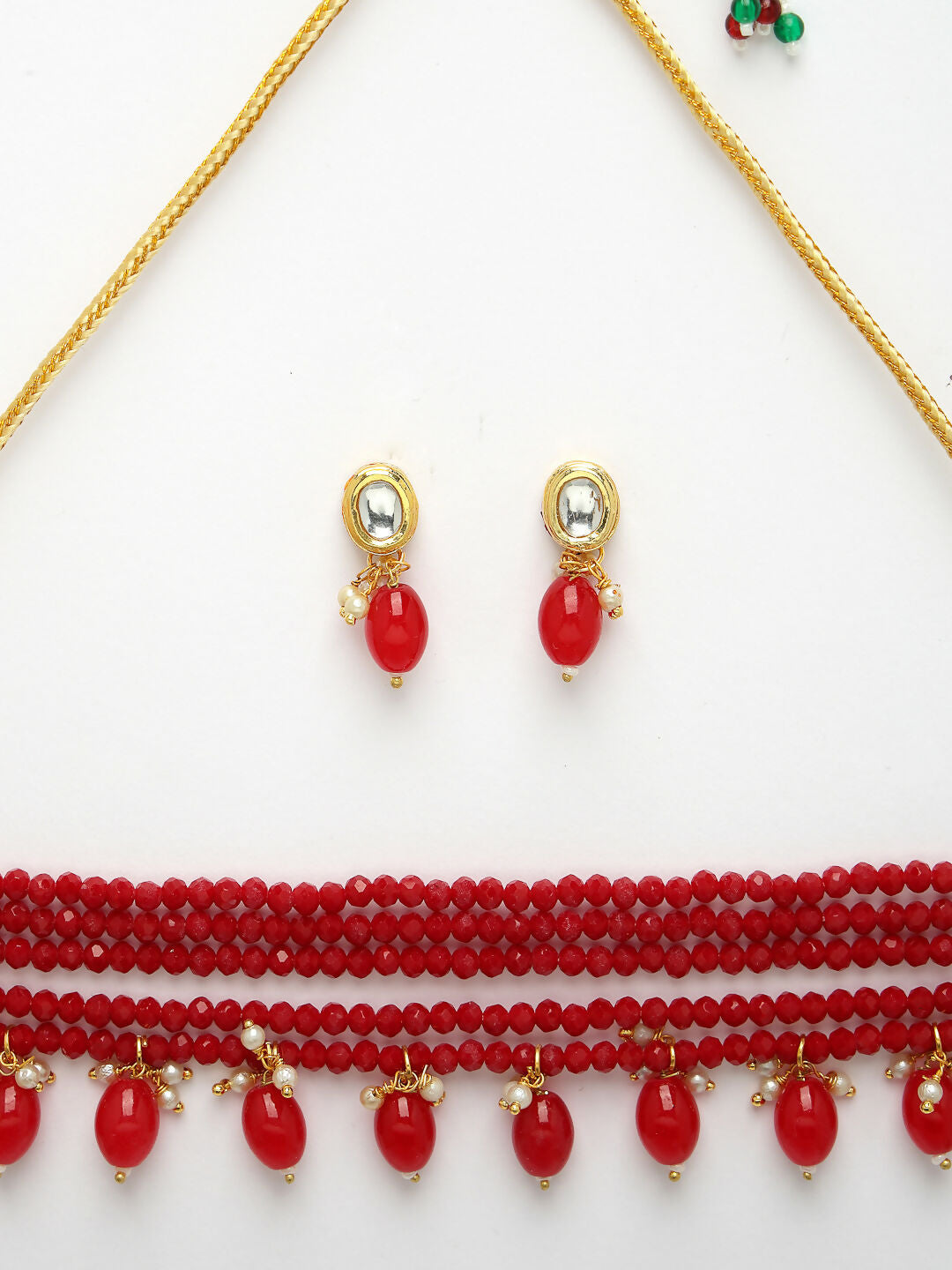 NVR Women's Red Artificial Beads Layered Necklace with Drop Earring - Swadesiicart