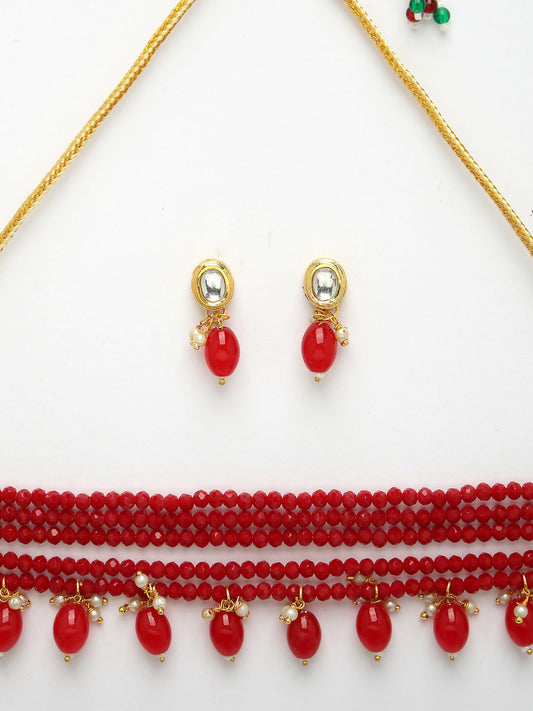 NVR Women's Red Artificial Beads Layered Necklace with Drop Earring - Swadesiicart