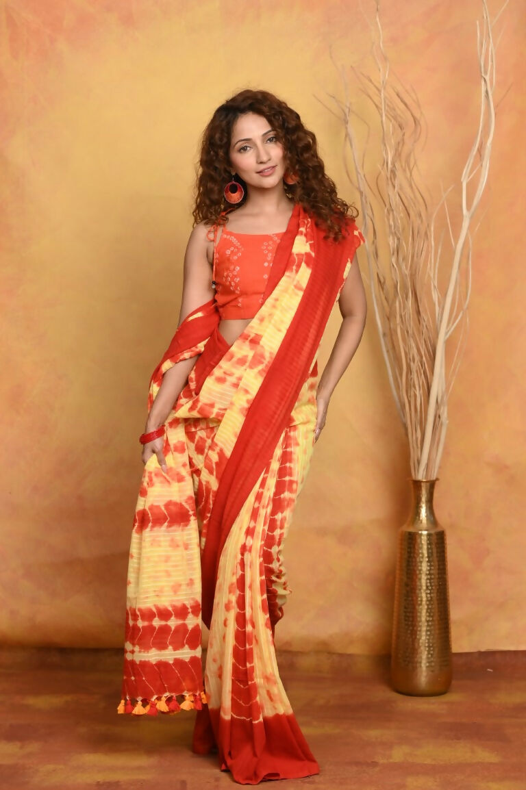 Very Much Indian Tie & Dye Handloom Mul Cotton Saree - Yellow Red | Swadesiicart