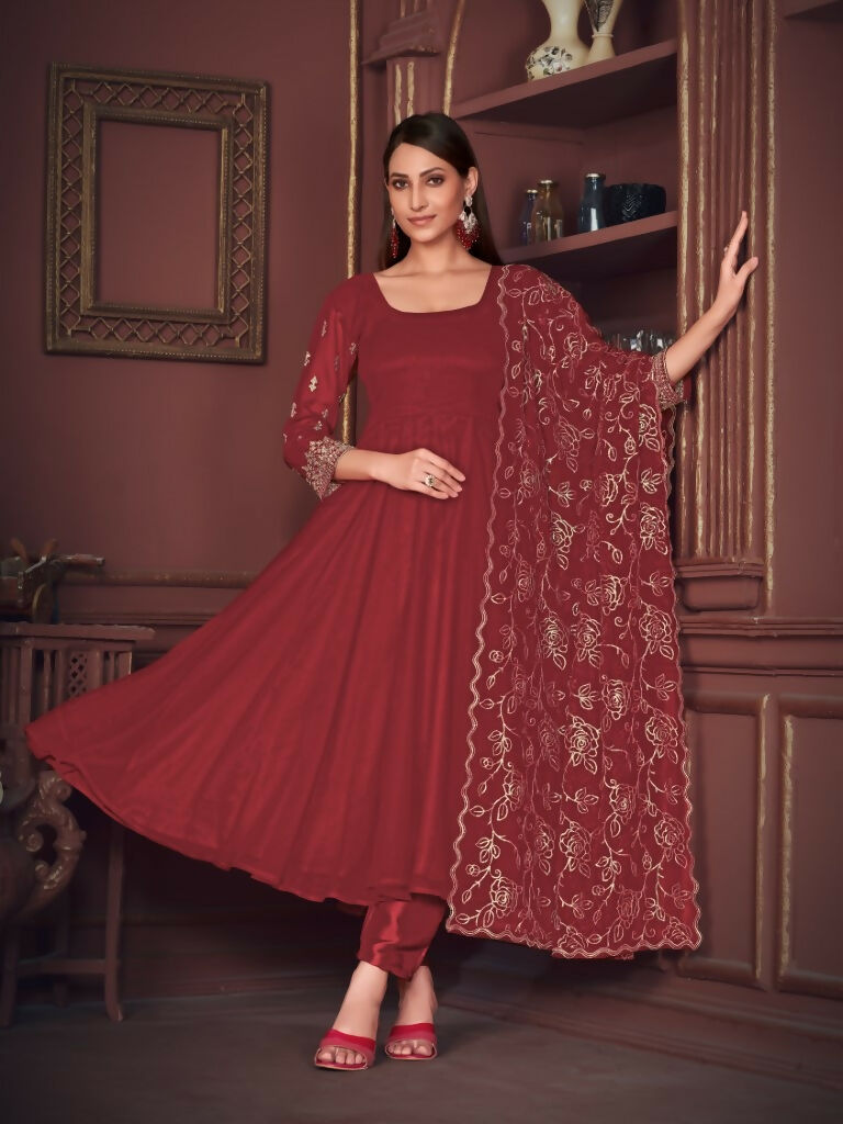 Jyoti Fashion Women's Maroon Georgette Embroidered Anarkali Kurta Pant Set With Dupatta | Swadesiicart