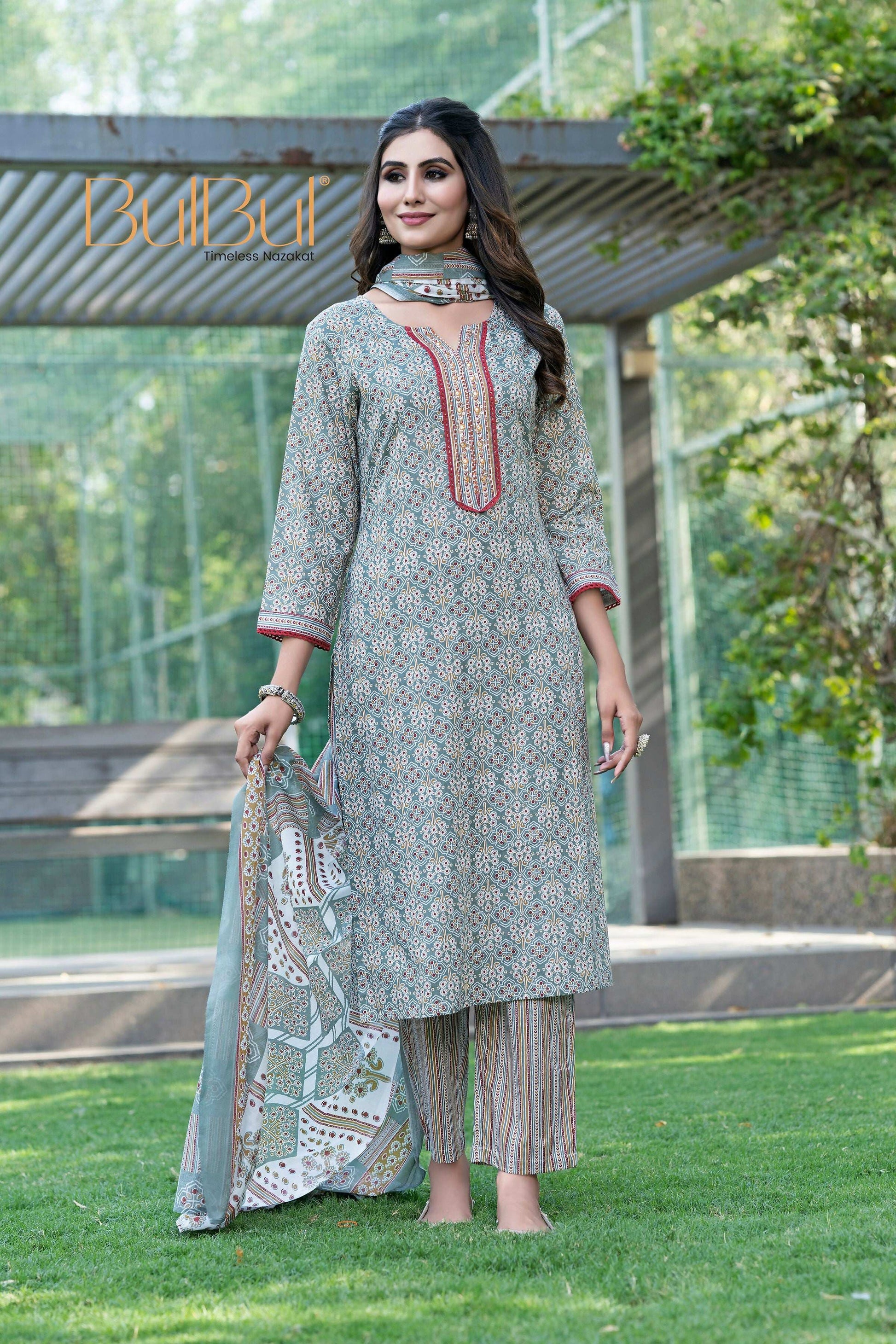 BulBul Fashionista Cotton Grey Kurta Set with Dupatta - Swadesiicart