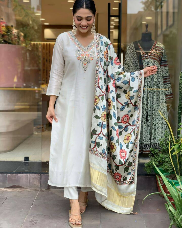 The52 Off White Women's Gorgeous Embroidered Viscose Chanderi Fabric Straight Kurta Pant with Dupatta Set - Swadesiicart