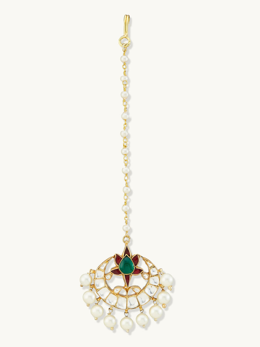 Nuyug 22K Gold-Plated Green Stone & Kundan Studded with Pearl Drop Maang Tikka Head Jewellery | Swadesiicart