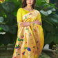 Vishnu Weaves Women's Yellow Paithani Silk Minakari Zari Woven Saree with Unstitched Blouse - Swadesiicart