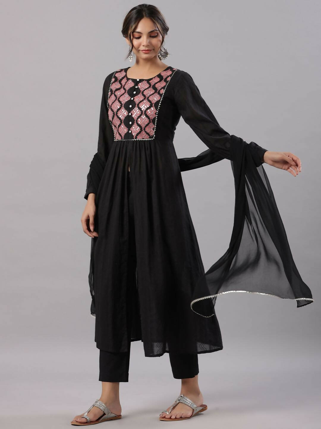 Juniper Women's Black Cotton Dobby Solid With Embroidery Flared Kurta Sets | Swadesiicart