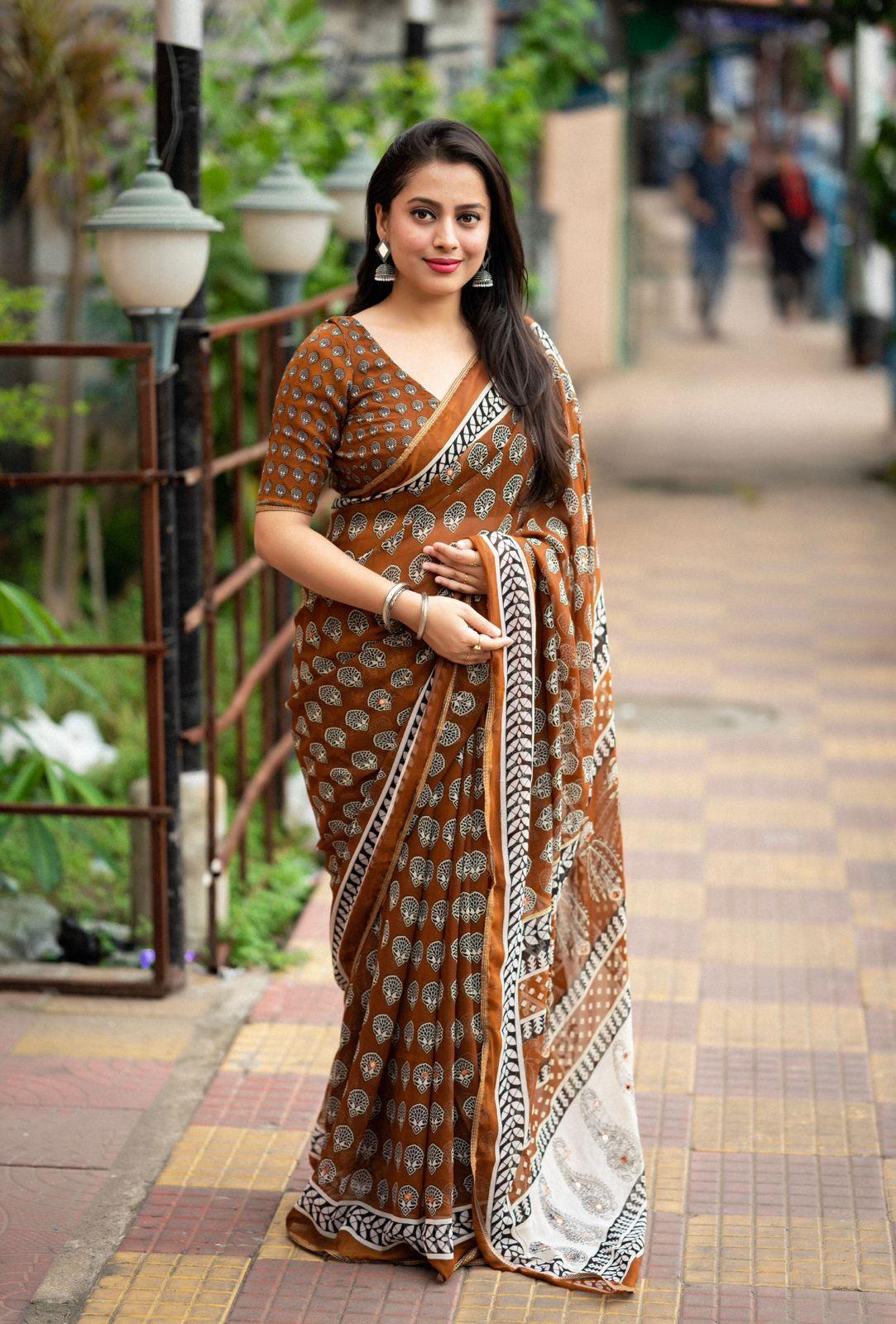 Mustard Poly Georgette Ajrak Saree with Unstitched Blouse - Hiral Fashion | Swadesiicart
