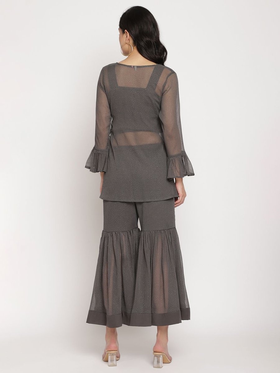 Ahalyaa Women Charcoal Grey Poly Chiffon Angrakha Kurta with Inner & Sharara | Swadesiicart