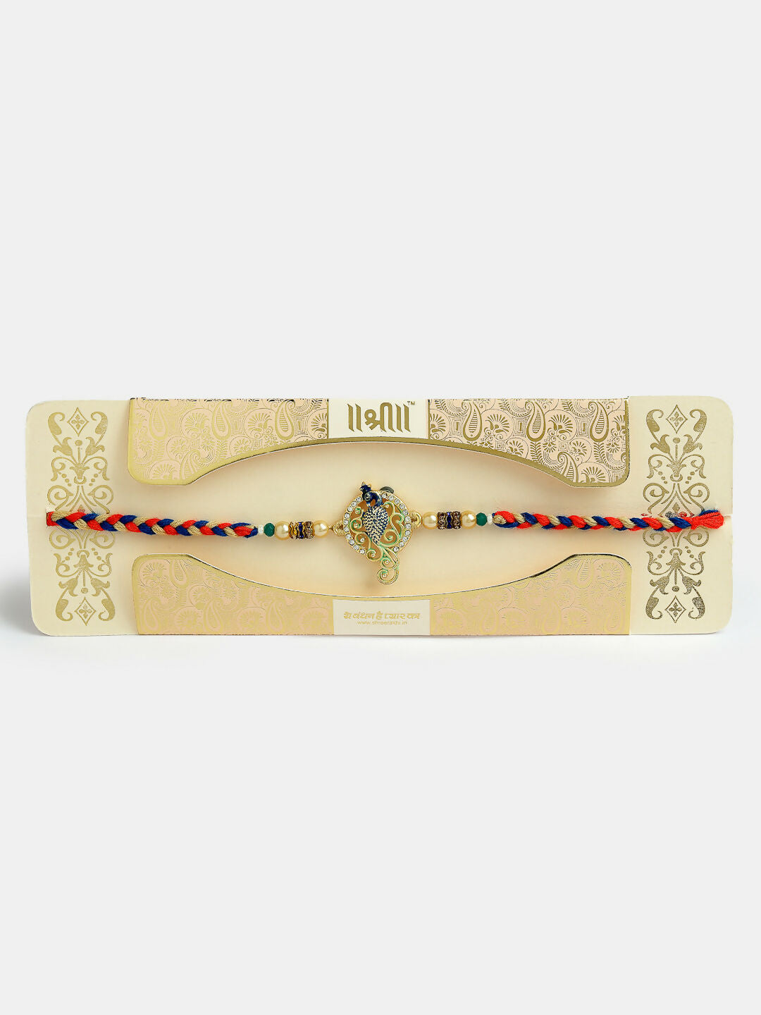 NVR Men Gold-Toned Peacock Design Stone-Studdded Rakhi With Roli Chawal & Chocolate | Swadesiicart