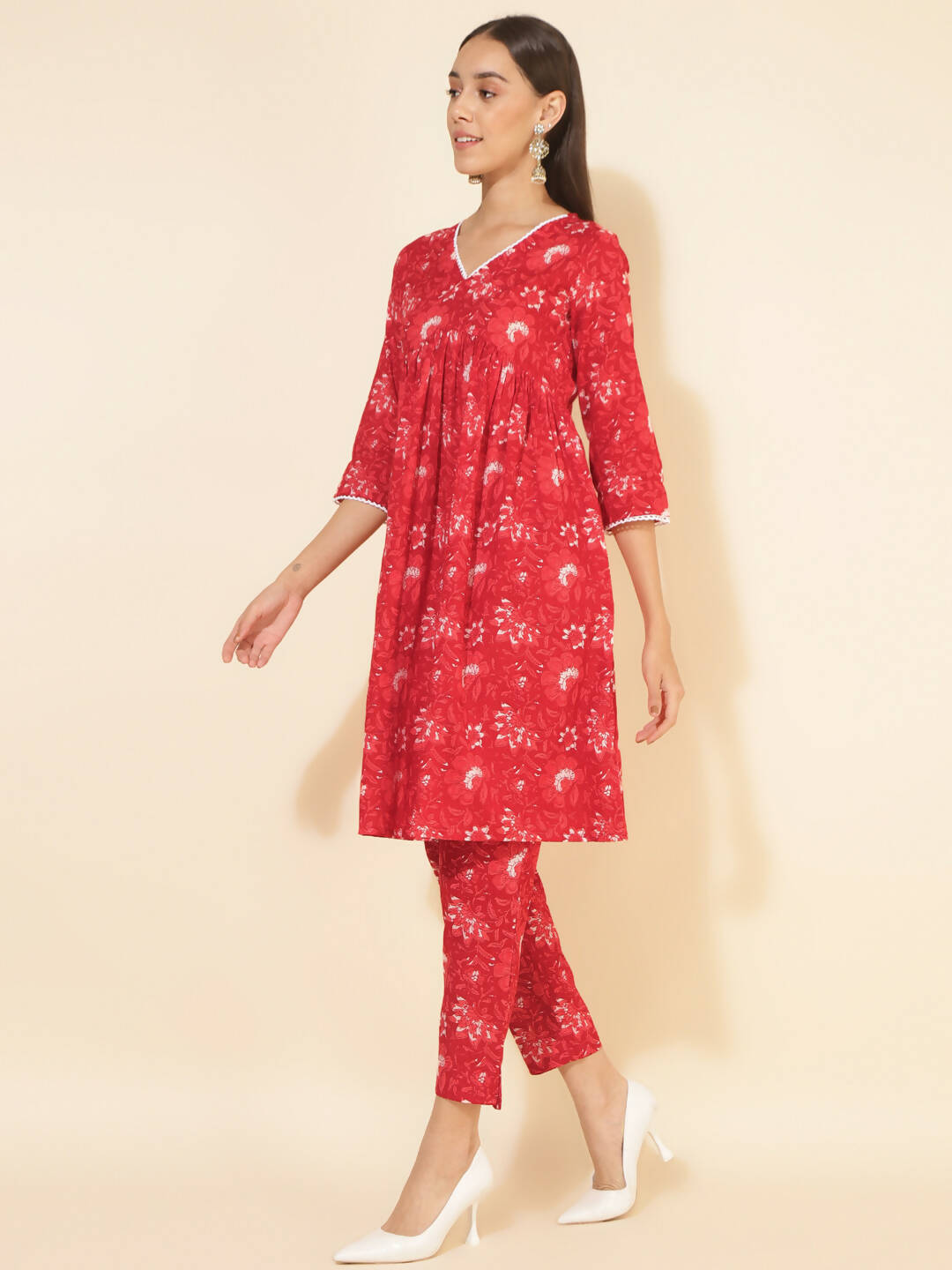 Janasya Women's Red Cotton Floral Printed Casual Flared Co-ords - Swadesiicart