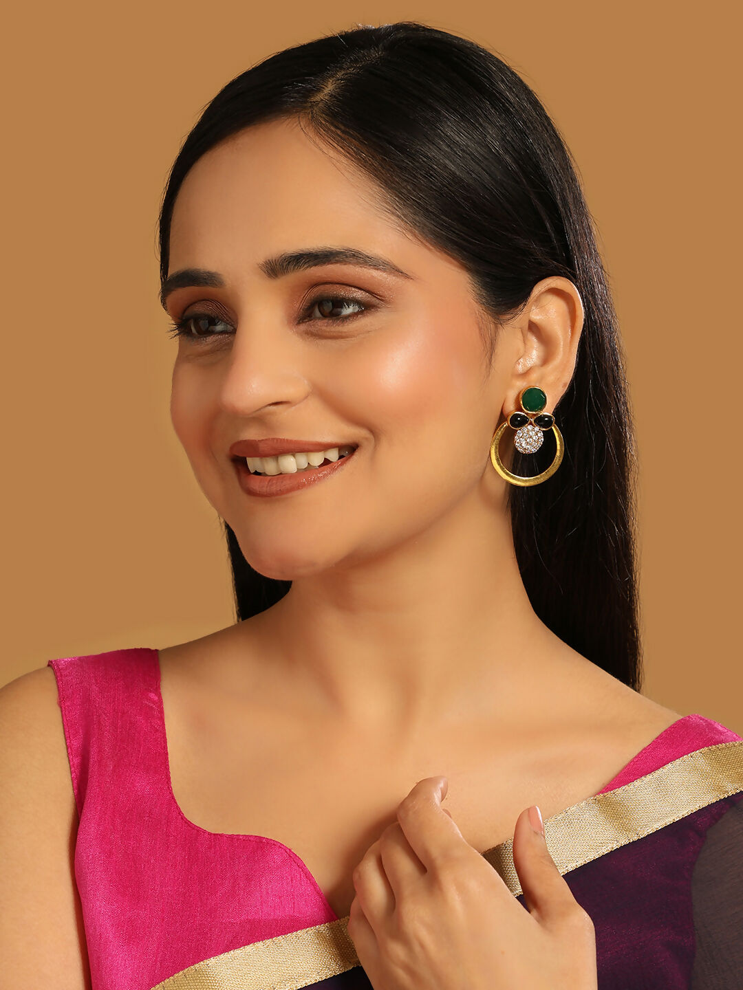 Nuyug 22K Gold Plated Cubic Zirconia Studded Contemporary Stone Earrings | Swadesiicart