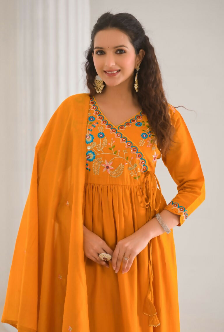 Ethnic Festive Wear Viscose Chanderi orange Stitched Suit With Dupatta - Tanisha | Swadesiicart