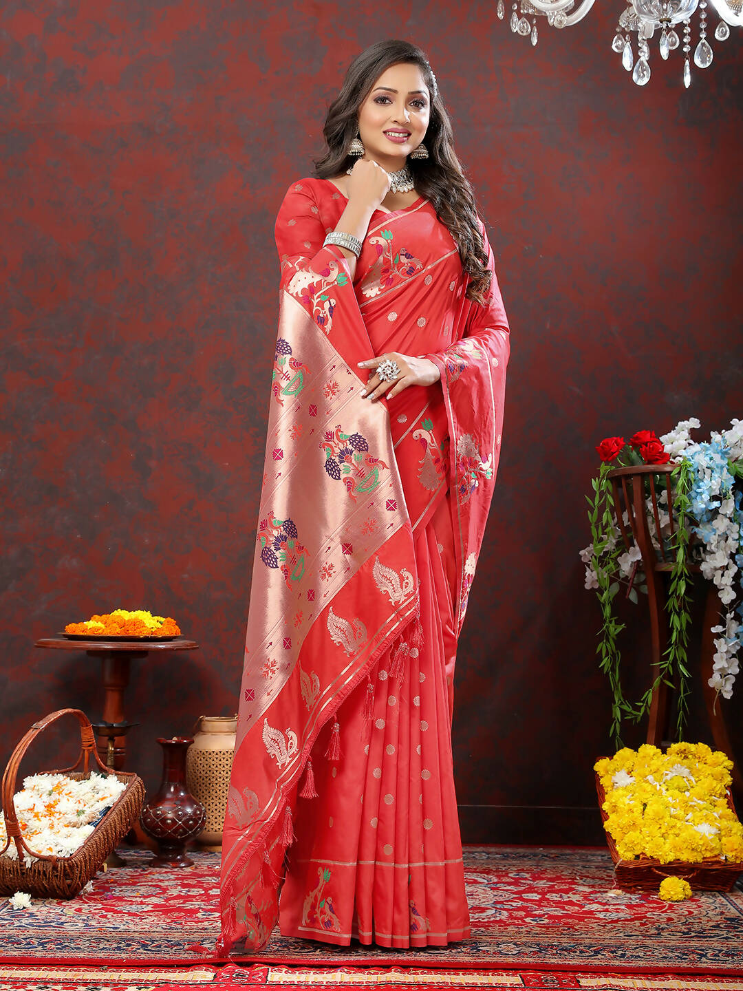 Lorenvalley Fashion Red Soft Paithani Silk Woven Design Copper Zari Meenakari Weaving Saree - Swadesiicart