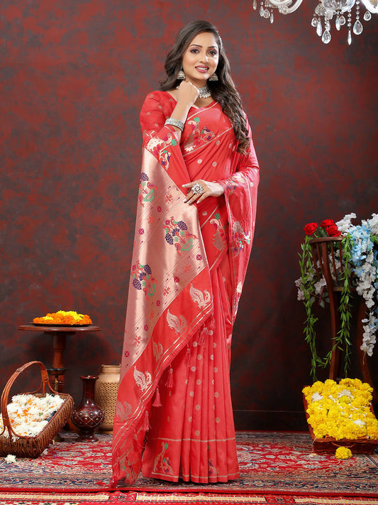 Lorenvalley Fashion Red Soft Paithani Silk Woven Design Copper Zari Meenakari Weaving Saree - Swadesiicart
