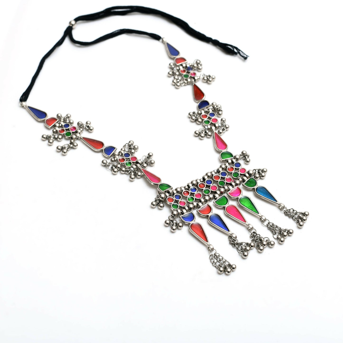 Mominos Fashion Johar Kamal Oxidised Silver-Plated Meenakari Multi Long Necklace Set For Women - Swadesiicart