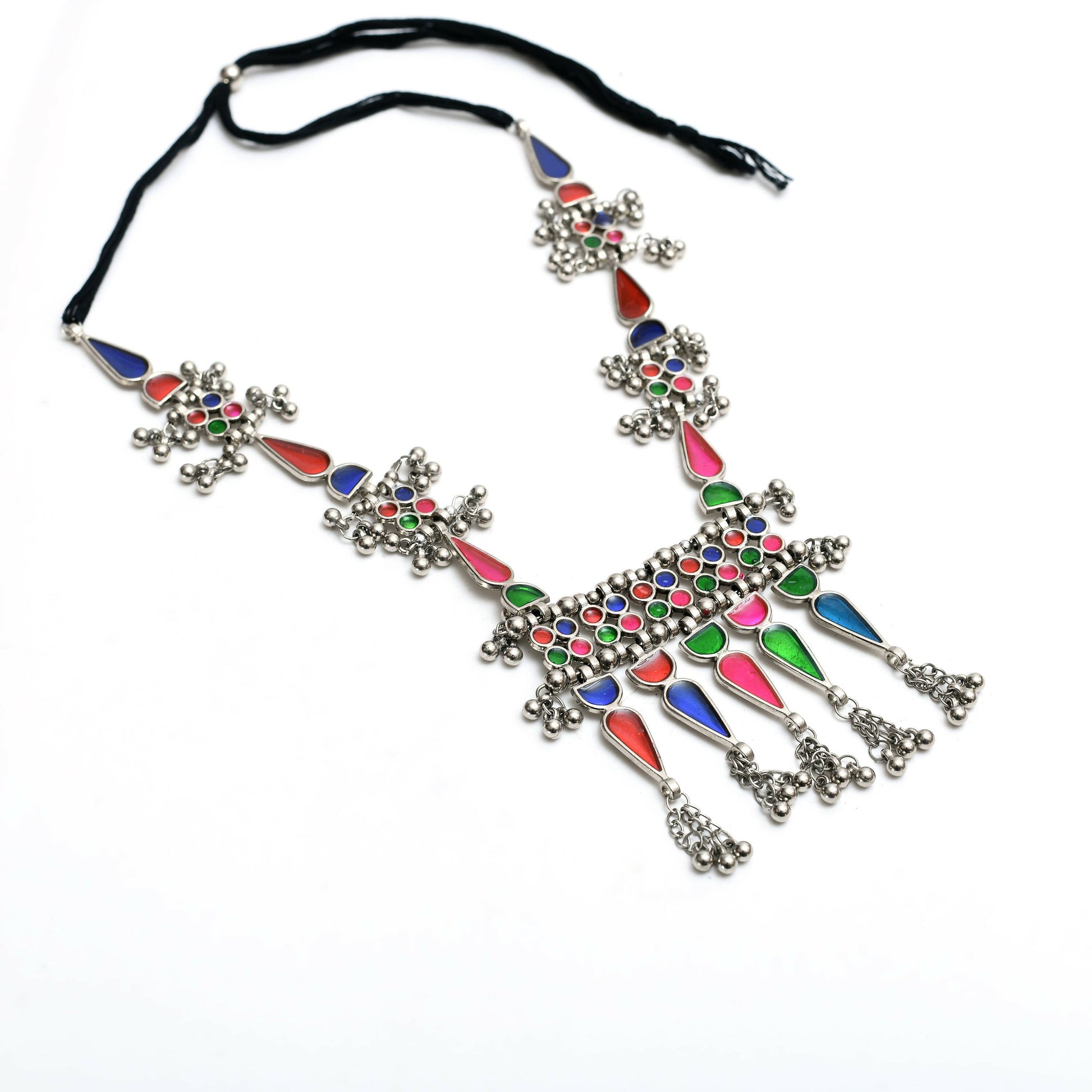 Mominos Fashion Johar Kamal Oxidised Silver-Plated Meenakari Multi Long Necklace Set For Women - Swadesiicart