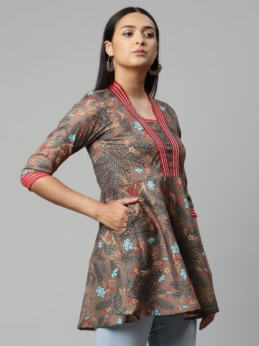 Ahalyaa Women Brown Cotton Digital Printed Tunic | Swadesiicart