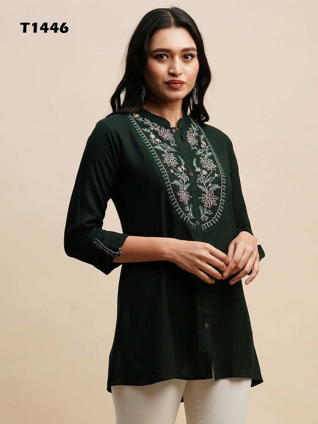 Dark Green Rayon Embroidered Top - Tarini - Swadesiicart