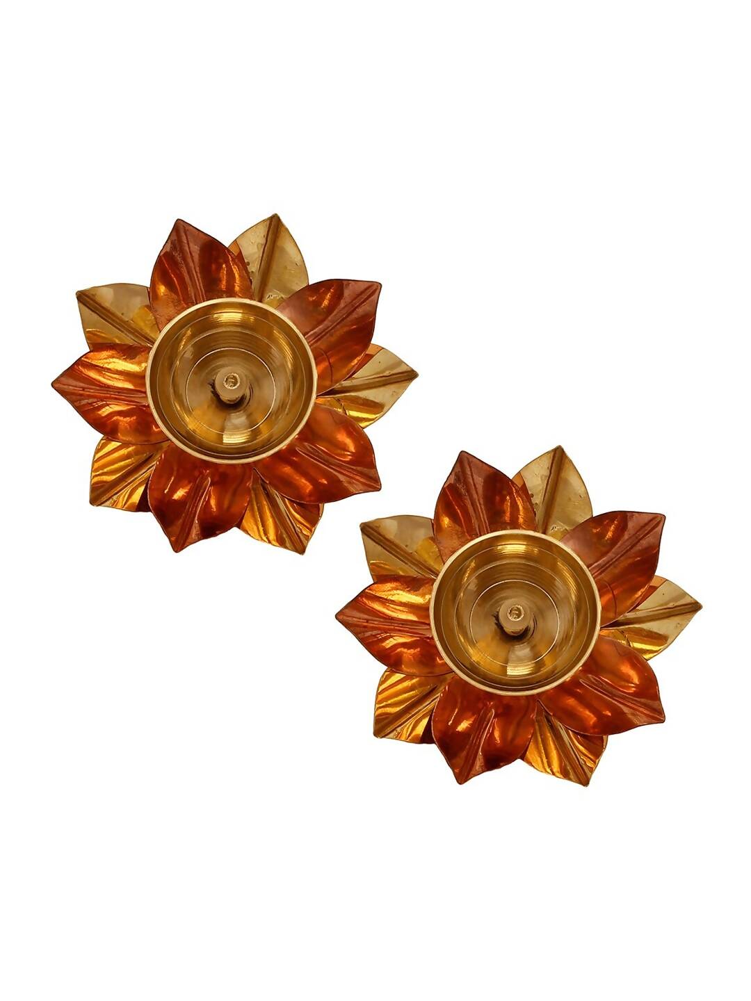 eCraftIndia Brown & Gold-Toned 2 Pcs Floral Shape Metal Diyas | Swadesiicart