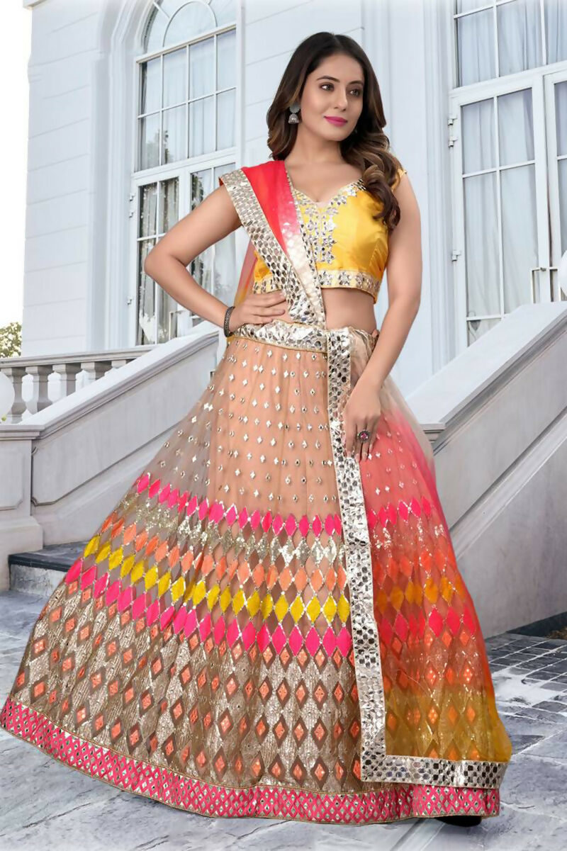 Jyoti Fashion Multicolor Mirror & Sequence Embroidery Butterfly Net Lehenga Choli with Dupatta | Swadesiicart