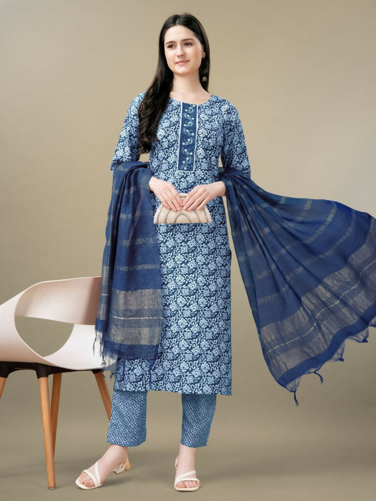 Jyoti Fashion Women's Light Blue Rayon Embroidery & Sequence work Kurta with Trouser & Dupatta | Swadesiicart