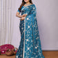 Blue Pure Satin Embroidered Saree With Stitched Blouse - Nimaya Kaksha