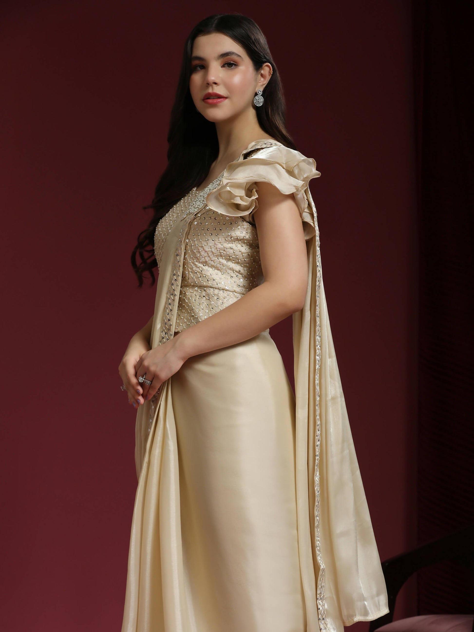 Beige Silk Satin Sequence Work Ready to Wear Saree with stitched Blouse - Nirvana | Swadesiicart