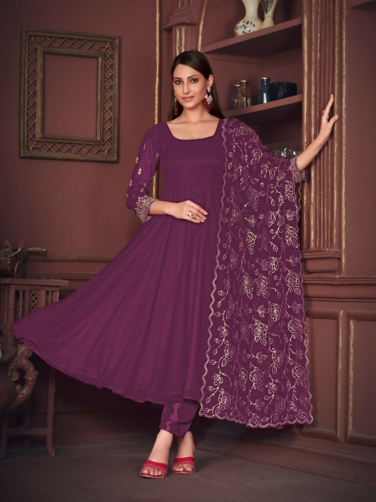 Jyoti Fashion Women's Purple Georgette Embroidered Anarkali Kurta Pant Set With Dupatta | Swadesiicart