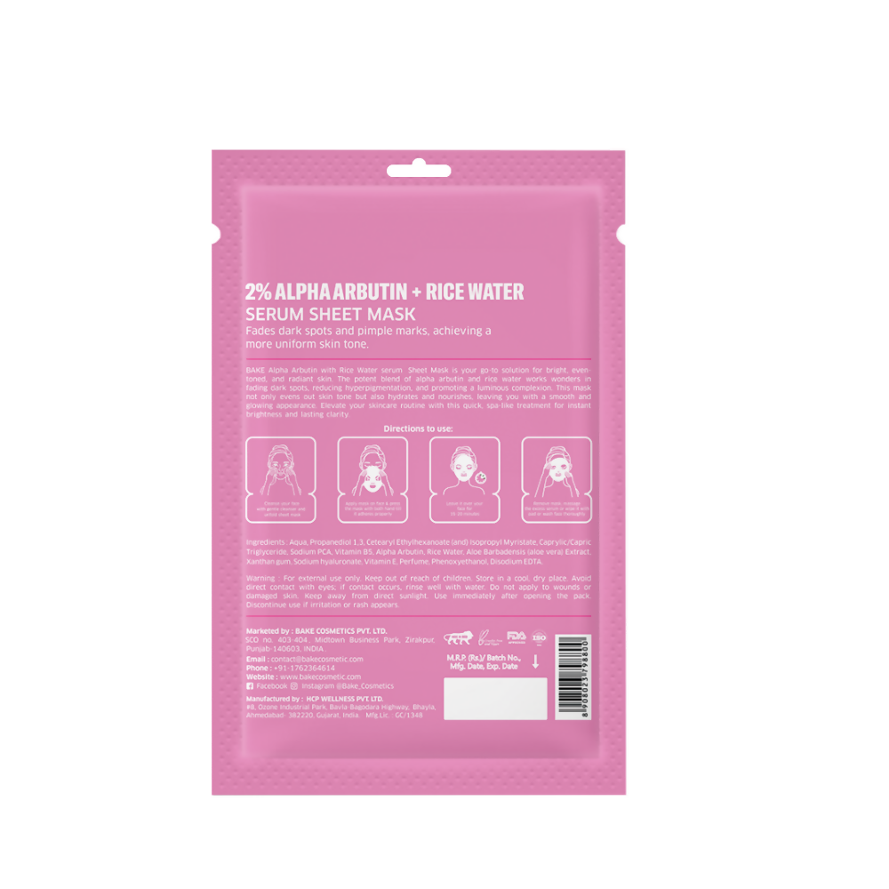 Bake 2% Alpha Arbutin + Rice Water Serum Sheet Mask | Swadesiicart