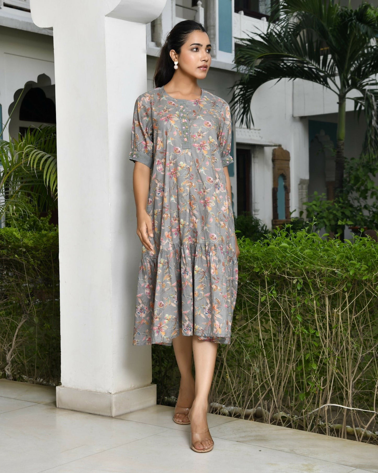 Vaasva Women's Grey Cotton Digital Printed Embroidered Placket Dress | Swadesiicart