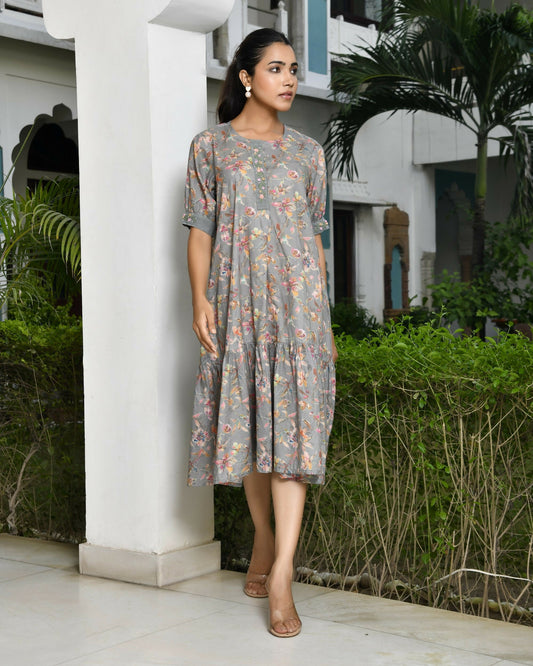 Vaasva Women's Grey Cotton Digital Printed Embroidered Placket Dress | Swadesiicart