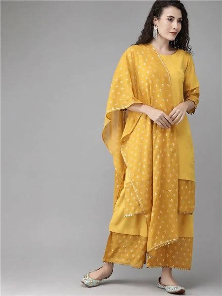 Ahalyaa Women Mustard Crepe Printed Kurta Palazzo Set With Dupatta | Swadesiicart
