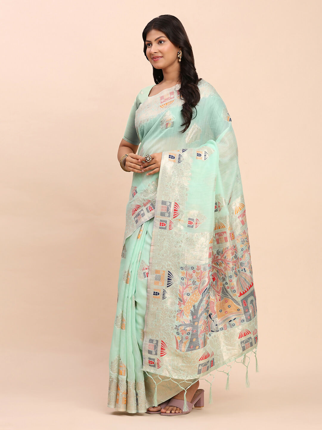 Shree Shyam Fashion Linen Cotton Sea Green Saree