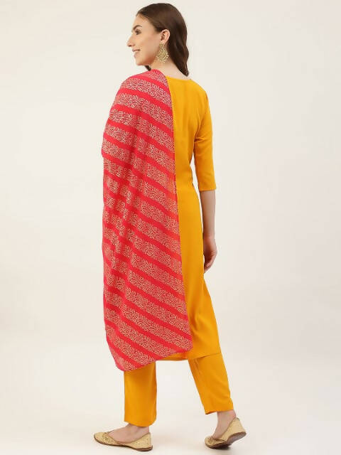 FIORRA Women's Yellow Poly Crepe Straight Kurta Pant With Dupatta - Swadesiicart