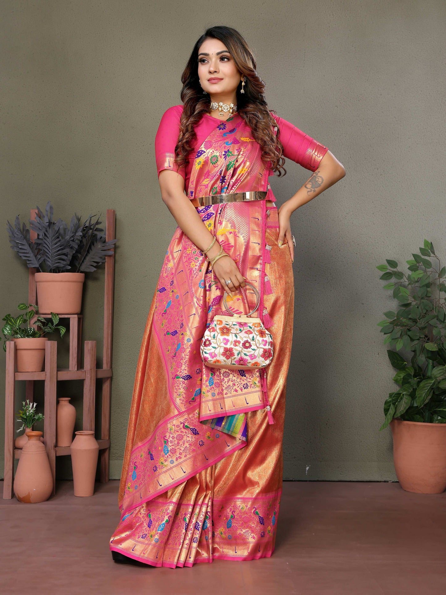 Aastha Fashion Orange Tissue Silk Paithani Woven Saree