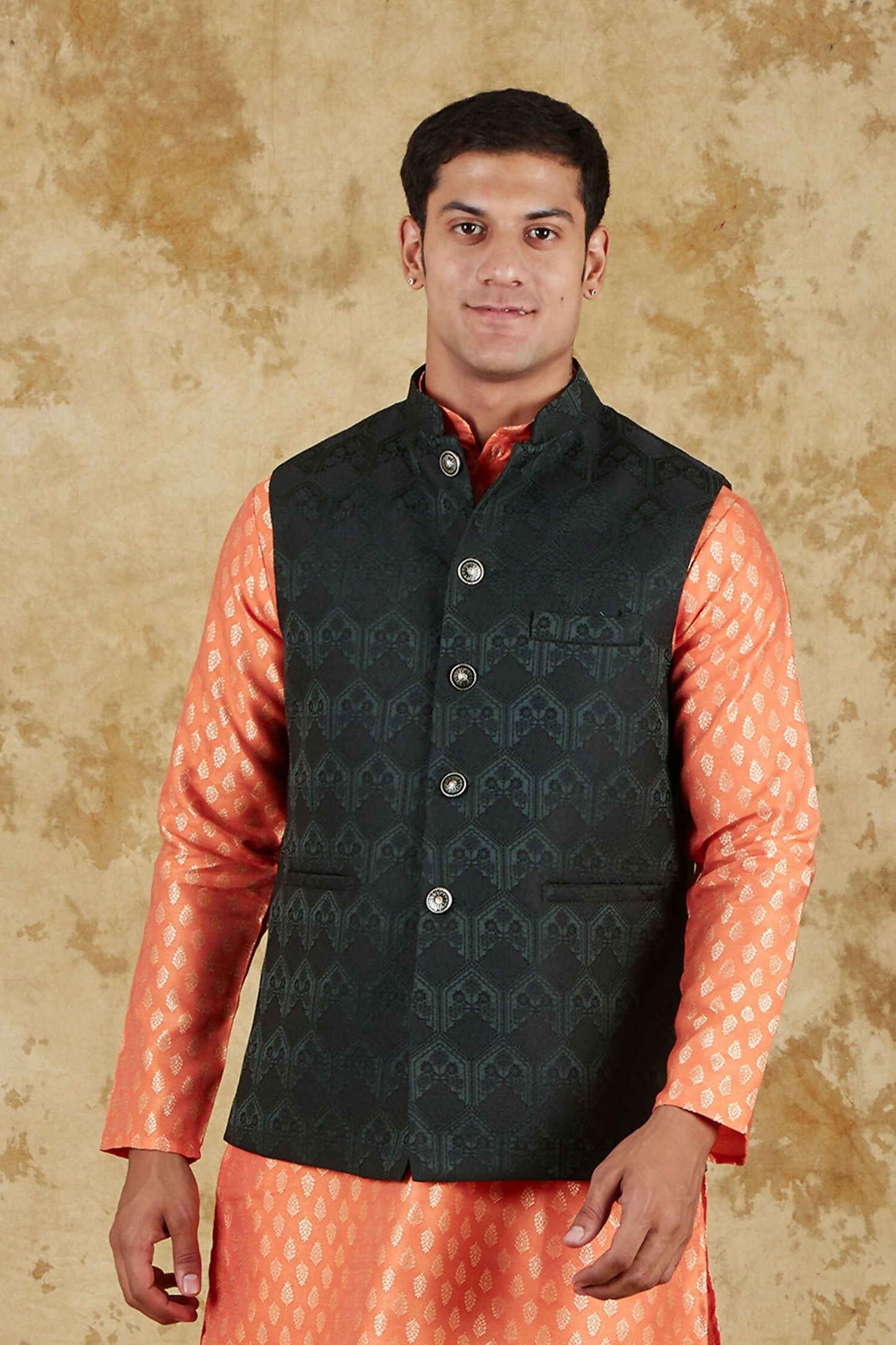 Bluesaanchi Men's Jacquard Orange Waistcoat | Swadesiicart