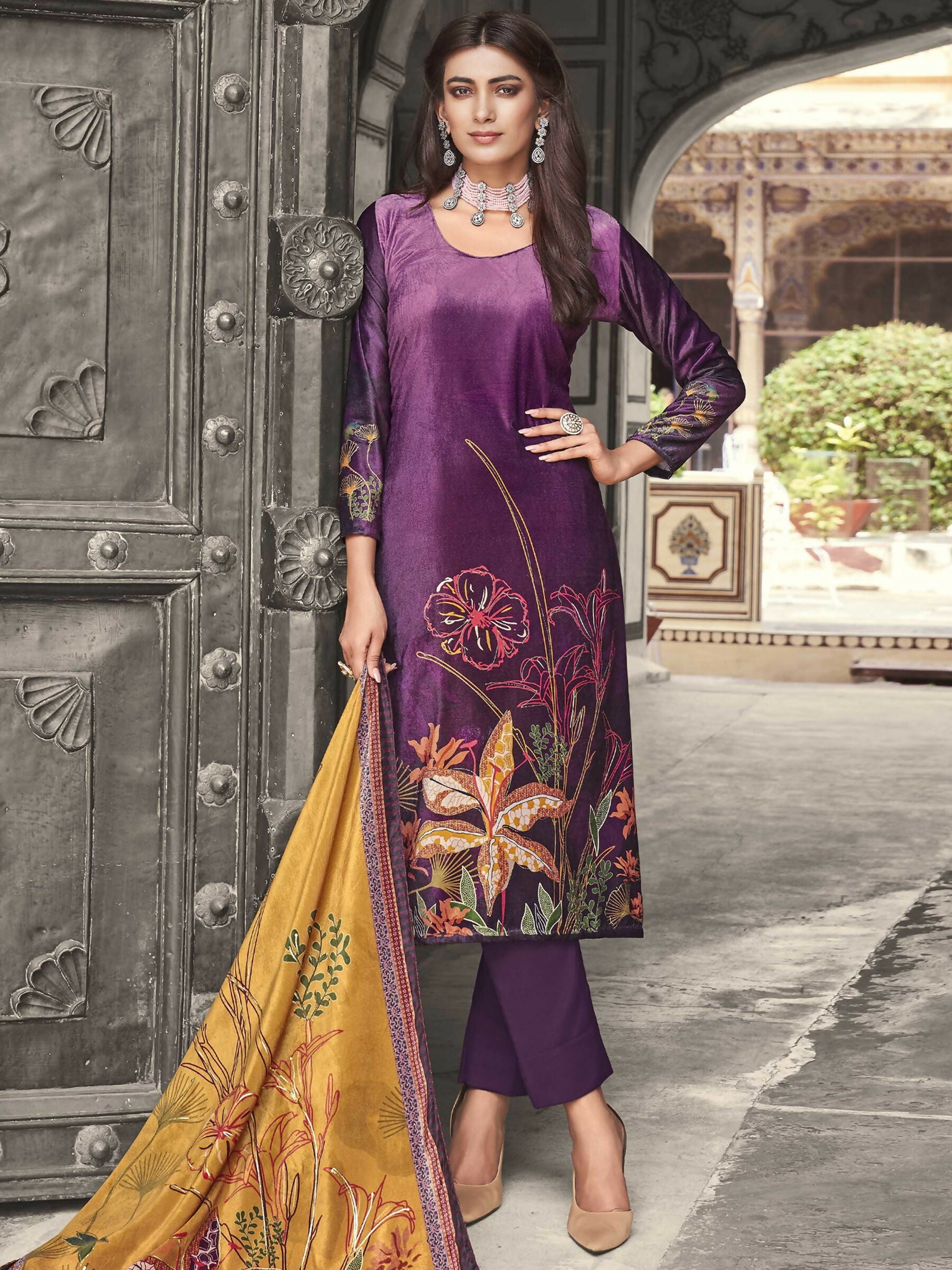 Jyoti Fashion Women's Purple Velvet Floral Digital Printed Kurta with Trouser & Dupatta | Swadesiicart