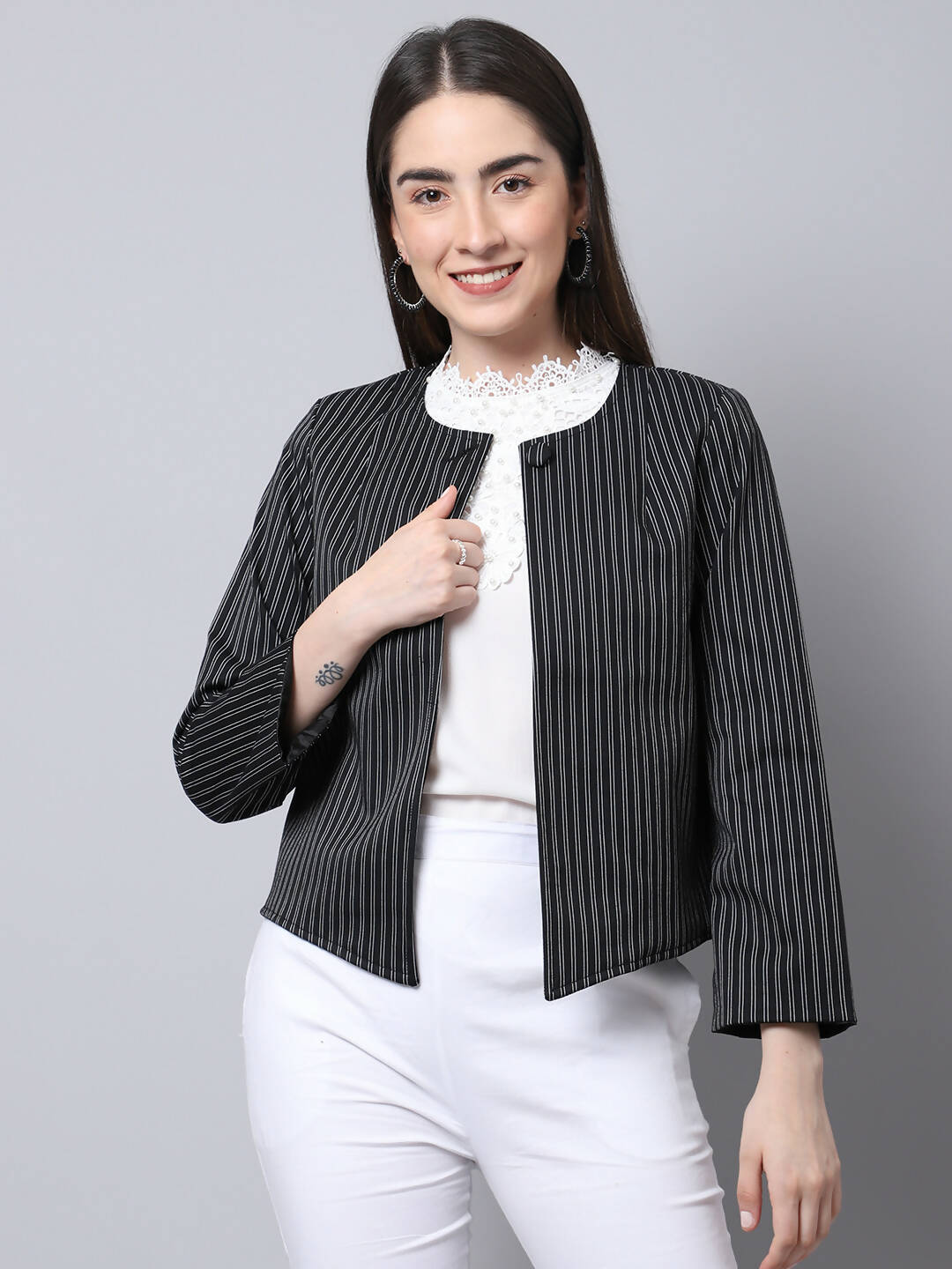 Even Apparels Black Polywool Open Front Statement Women's Jacket | Swadesiicart