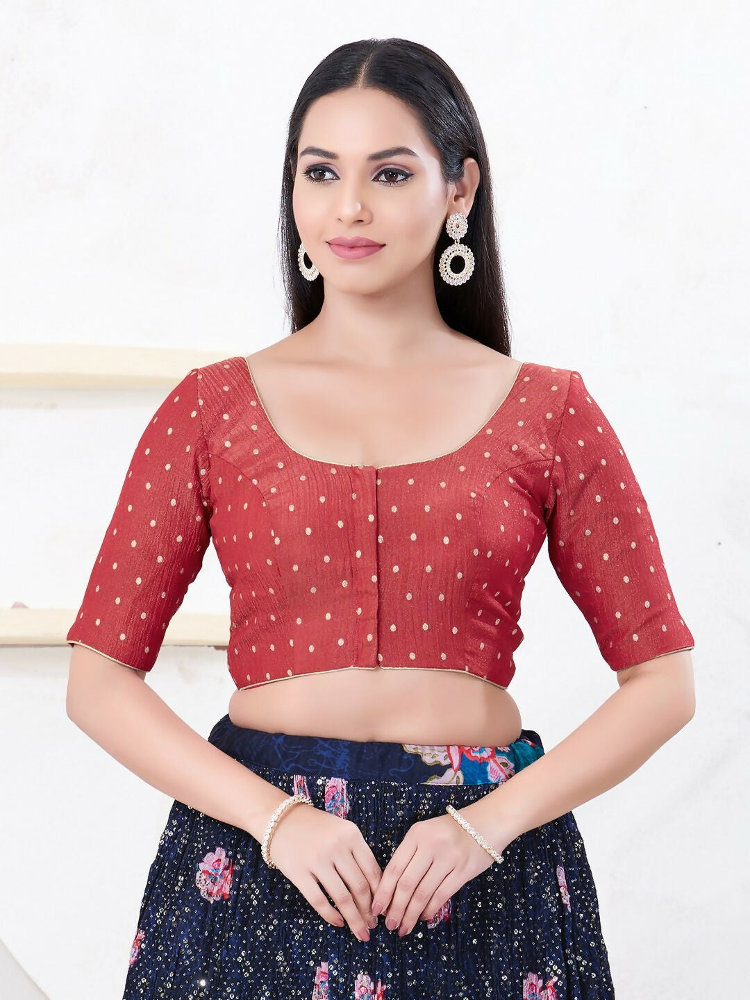 Joban Fashion Red Tissue Elbow Sleeveless Front Open Blouse - Swadesiicart