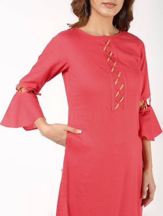 Aniyah Cotton Criss Cross Bell Sleeves Peach Straight Kurta (AN-142K) - Swadesiicart
